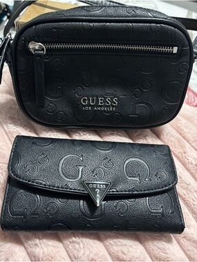 GUESS Black Embossed Crossbody Bag with Matching Wallet
